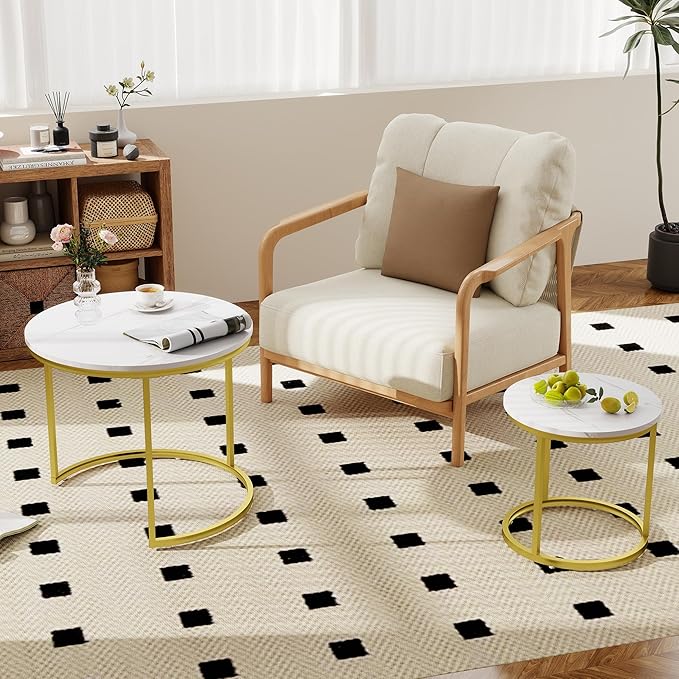 Nesting Tables Set of 2, White Round Coffee Table, Small Nesting Coffee Table with Adjustable Non-Slip Fee, White Marble Top Stack Nesting Tables Set of 2 for Living Room, Bedroom