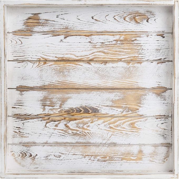 MyGift Whitewashed Wood Large Serving Tray with Handles, 19 Inch Square Decorative Tray for Ottoman, Breakfast, Tea, Coffee Table