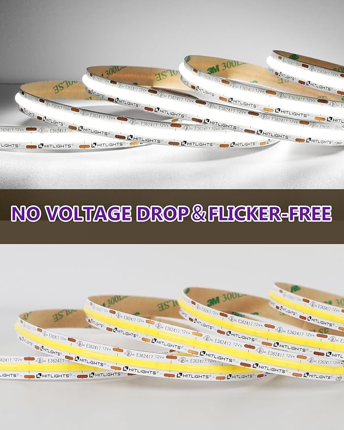 HitLights White COB LED Strip Lights 5000K, 12V Tape Light 16.4ft, 2640 LEDs, 426 lm/ft, CRI 90+, IP30, Premium High Density Lighting for Kitchen, Cabinets, Room, UL Listed(Power Source Not Included)