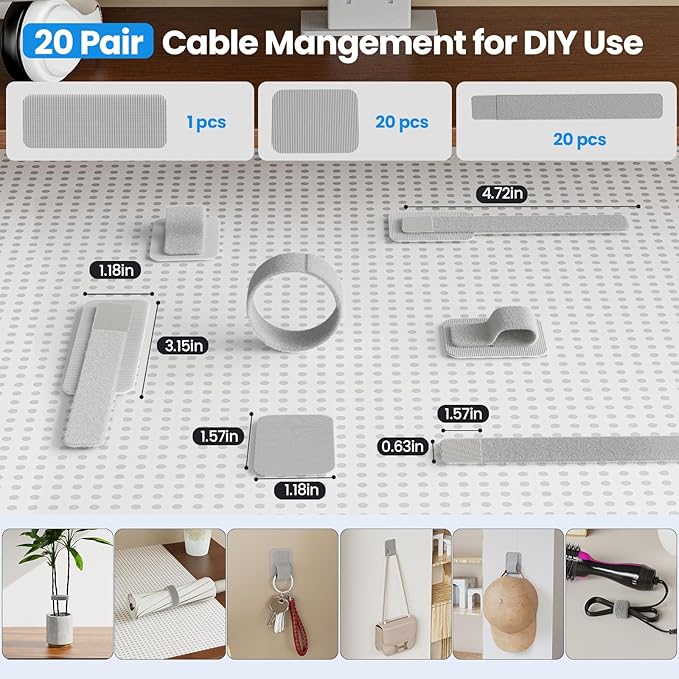 Cable Management Under Desk, 【Up to 15 Cord】【Enhanced Wire Holder】 Reusable Cord Organizer Holder, Adjustable Hook and Loop Cable Ties, Wire Clips Under Table Hider, 20 Pair(Grey)