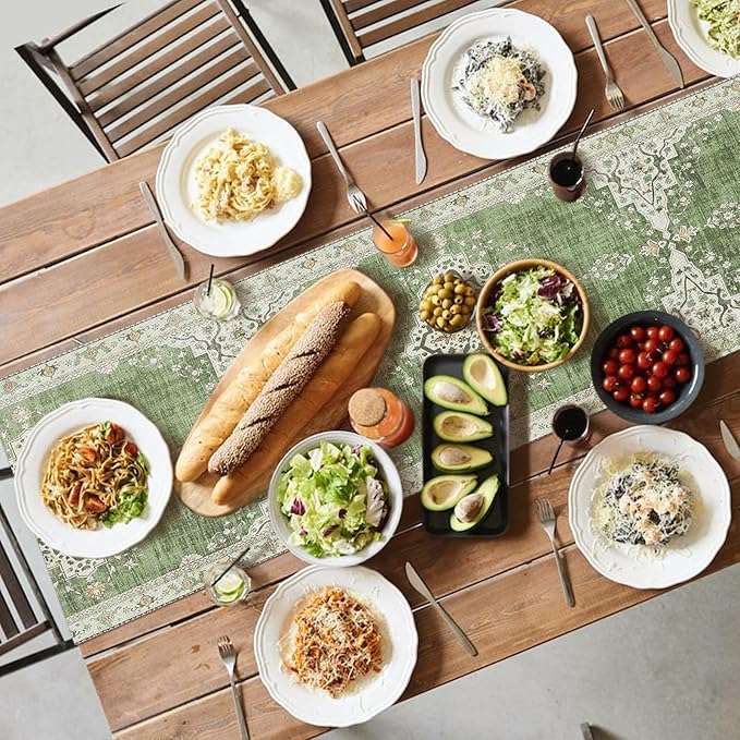 Snycler Table Runner Boho Table Runners Vintage Elegant Farmhouse Table Center Linen Decor for Home Dining Party Entrance (13x72 Inch) Light Green