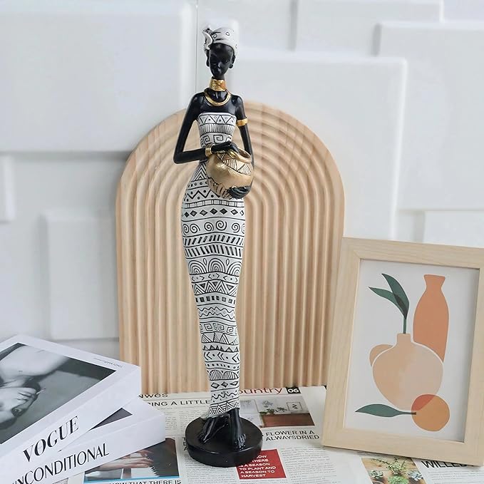 African Traditional Art Handmade Statues, Black and White Geometric Pattern Long Skirt Women's Ornaments and Decorations, Suitable for Home Study Display and Cultural Gift Collection