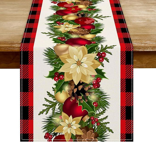 Christmas Table Runner - Xmas Balls Flowers Red Buffalo Plaid Check Winter Holiday Decorative Farmhouse Table Decorations for Kitchen Dinning, Indoor Outdoor Dinner Party Decor 13x72 Inch