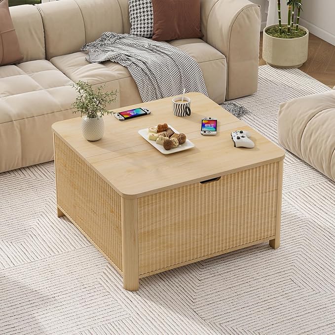 LYNCOHOME Fluted Lift Top Coffee Table with Storage, Square Coffee Tables for Living Room, Coffee Table with Large Hidden Storage Compartment and Adjustable Shelves，Natural
