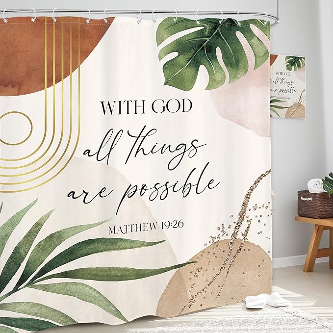 Glawry Boho Bible Verse Shower Curtain Extra Long Inspirational Scriptures Quotes Abstract Palm Leaf Bathroom Mid Century Christian 72Wx84L Inches Bath Accessories Art Home Decor Fabric 12 Pack Hook