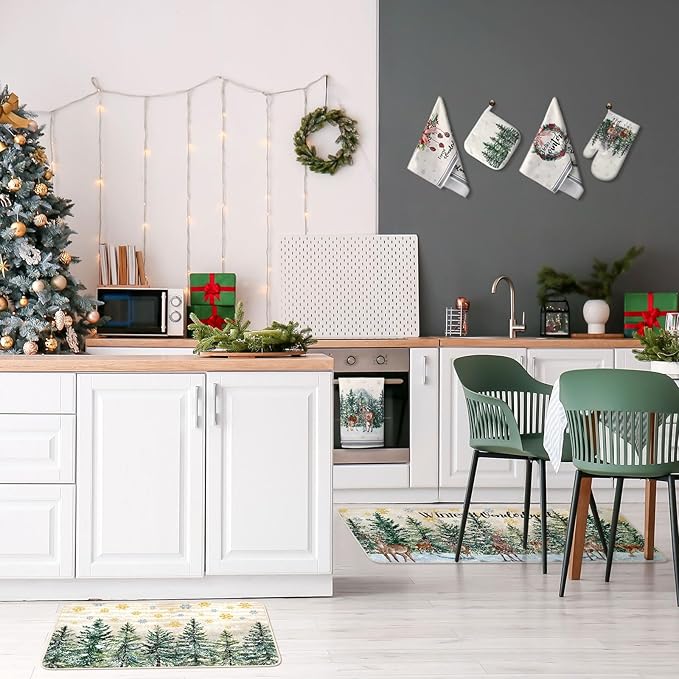 10 Pcs Christmas Kitchen Decor Set Kitchen Towels and Rugs Oven Mitts Pot Holders Absorbent Towels for Baking Cooking BBQ Gifts Home Decor(Khaki,Wonderland)