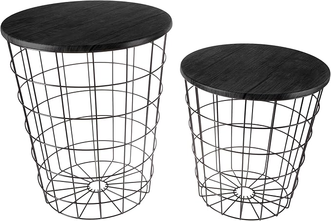 End Tables Set of 2 - Nesting Tables with Removable Wood Tops and Metal Basket Bases for Blanket Storage - Round Side Pieces for Living Room, Bedroom, or Home Office by Lavish Home (Black)