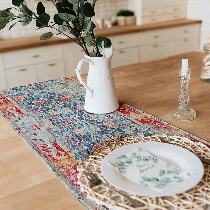 Snycler Table Runner Boho Table Runners Vintage Elegant Farmhouse Table Center Linen Decor for Home Dining Party Entrance (13x72 Inch) Boho-Blue&Red