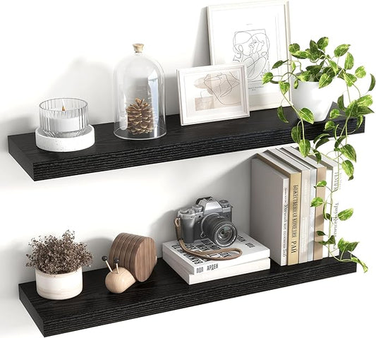 30 Inch Floating Shelves, 8 Inch Deep Floating Shelves for Wall, Hanging Shelf with Invisible Brackets, Deep Shelves for Bathroom, Bedroom, Living Room, Black, Set of 2