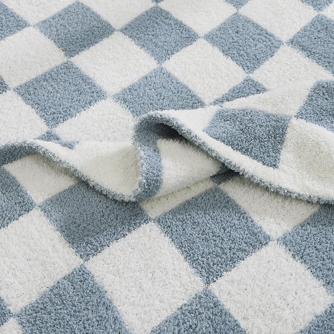 WRENSONGE Checkered Throw Blanket, Grey Blue Soft Cozy Fluffy Warm Hand Made Throw Blankets for Couch, Sofa, Chair, Bed, Camping, Picnic, Travel Lightweight Bed Blanket - 60"*80"