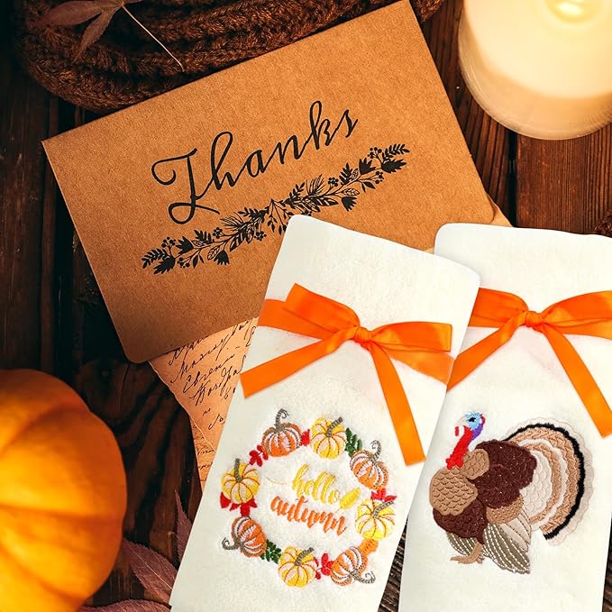 Fancy Land 2 Pcs Fall Thanksgiving Hand Towels Embroidered Vintage Turkey Pumpkin Bathroom Kitchen Towels Thanksgiving Gifts Decor 13.8 x 29.5 Inches