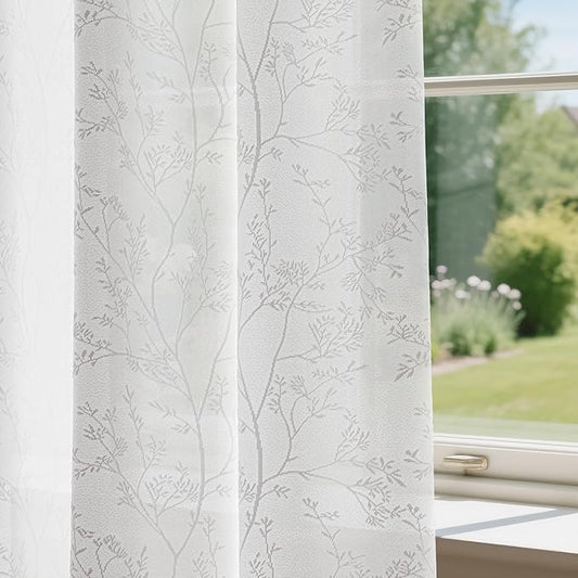 Anmao White Semi Sheer Light Filtering Curtains 63 Inches Long 2 Panels, Branch Pattern Drapes for Living Room Bedroom, Rod Pocket Privacy Window Treatments with Floral Design, 52x63 Inch