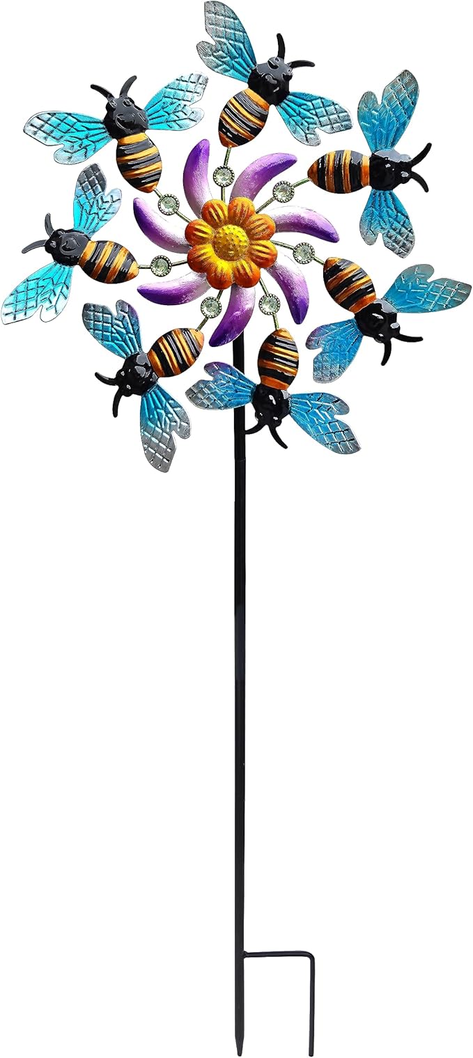 39" Bee Wind Spinners Metal Garden Stake-Outdoor Yard Windmill-Wind Sculpture Yard Art Decorations for Patio,Lawn & Garden