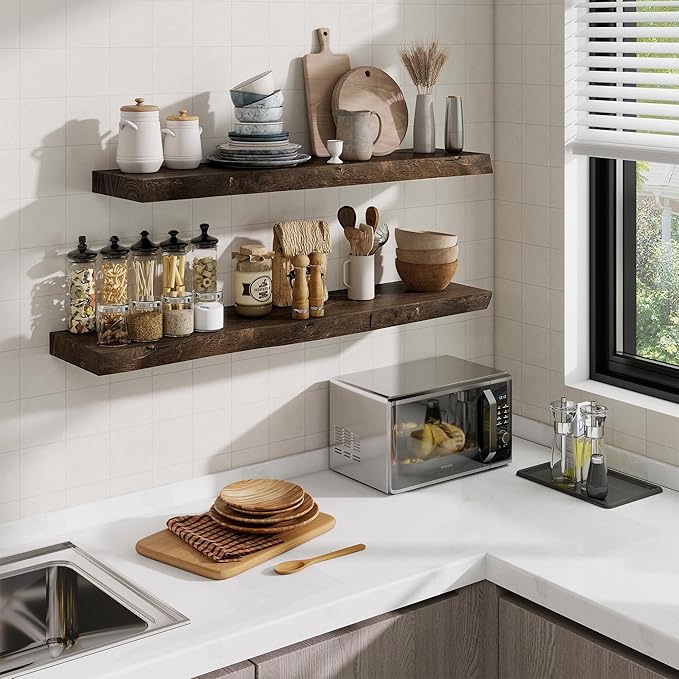 Floating Shelves, 8" Deep Rustic Solid Wood Wall Mounted Floating Shelves, Wall Shelves with Invisible Bracket for Living Room Bathroom Bedroom Kitchen, 40 Inch, Walnut