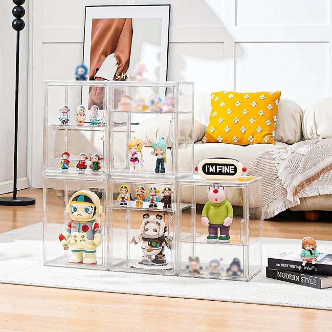 Acrylic Display Case for Collectibles, Clear Acrylic Display Box with 3 Adjustable Layers and Magnetic Door, Stackable Clear Storage Box/Bins for Figures,Lego, Book