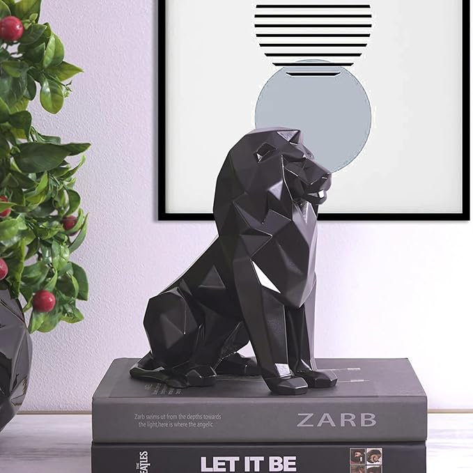 Black Lion Statue for Home Decor Geometric Style Sitting Black Lion Figurine Home Decorative Showpiece, Lion Idol for Office Decoration, Handmade Animal Statue Resin, Size 7.67 inch