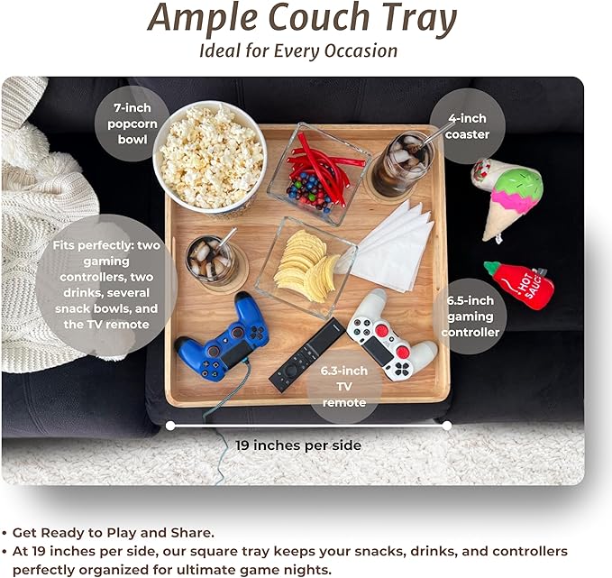 Wooden Ottoman Tray for Living Room – Large 19" Square Serving Tray with Handles & 6 Coasters Set, Ideal for Coffee Table, Couch, Kitchen, Breakfast, Food, Drinks & Home Decor