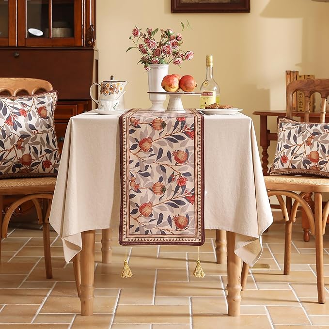 patdrea Designer Vintage SaddleBrown Linen Table Runner 102 Inch Long, Pomegranates Pattern Table Mat, Decoration for Kitchen Dining Table Coffee Table Shelf Cabinet Banquet Christmas ,12"*102"