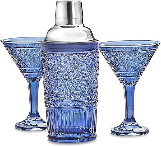 Godinger Cocktail Shaker and Martini Glasses Barware Gift Set, Martini Shaker and 2 Cocktail Glasses Set, Vintage Decor, Claro Collection, Blue