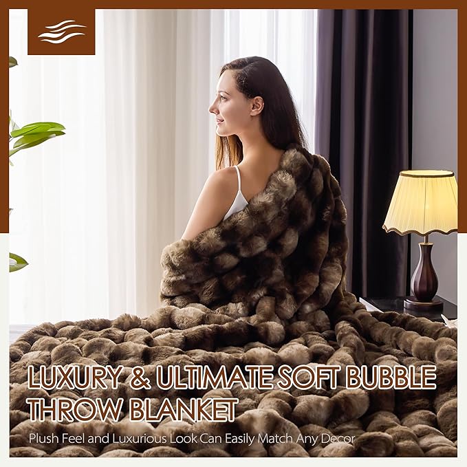 Luxury 1000GSM Faux Rabbit Fur Throw Blanket, Super Heavy Warm Cozy Blankets for Couch Bed Sofa, Bubble Plush Fuzzy Elegant Soft Reversible Mink Blanket for Living Room Bedroom, Brown