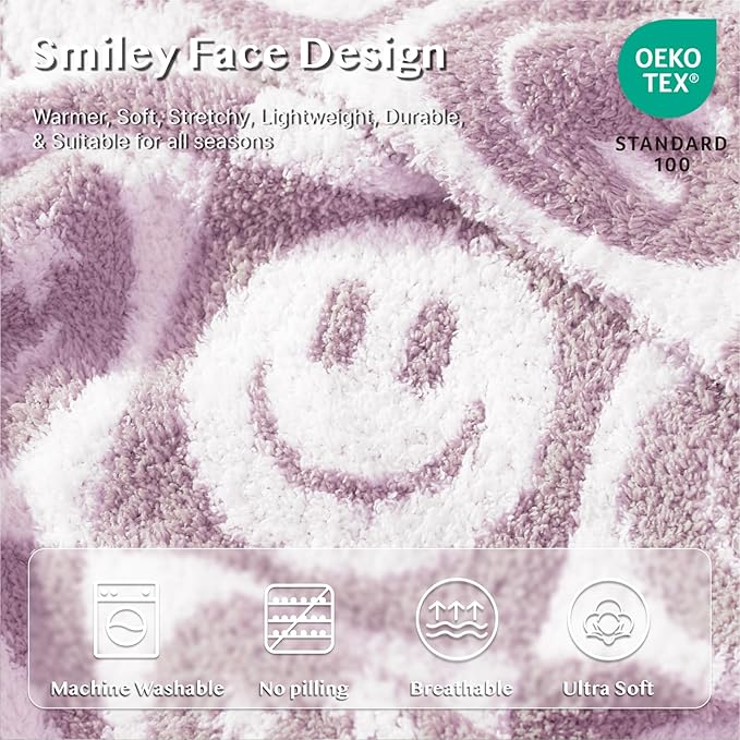 WRENSONGE Checkered Throw Blanket Lilac Smiling Face Soft Cozy Fluffy Warm Hand Made Throw Blankets for Couch, Sofa, Chair, Bed, Camping, Picnic, Travel Lightweight Bed Blanket - 50"*60"