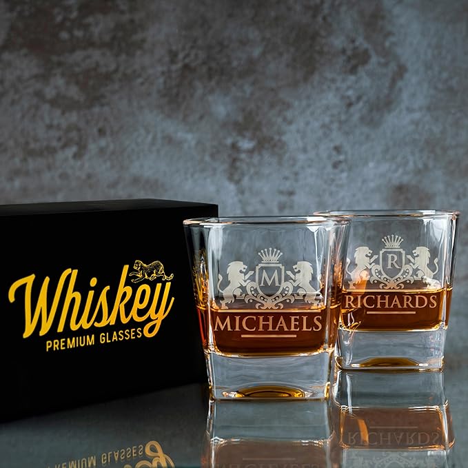 Amazing Items Single - Personalized Whiskey Glasses w/Name & Initial - 9 Designs - 9 oz, Limited Edition Monogrammed Rocks Glasses for Dad Gifts