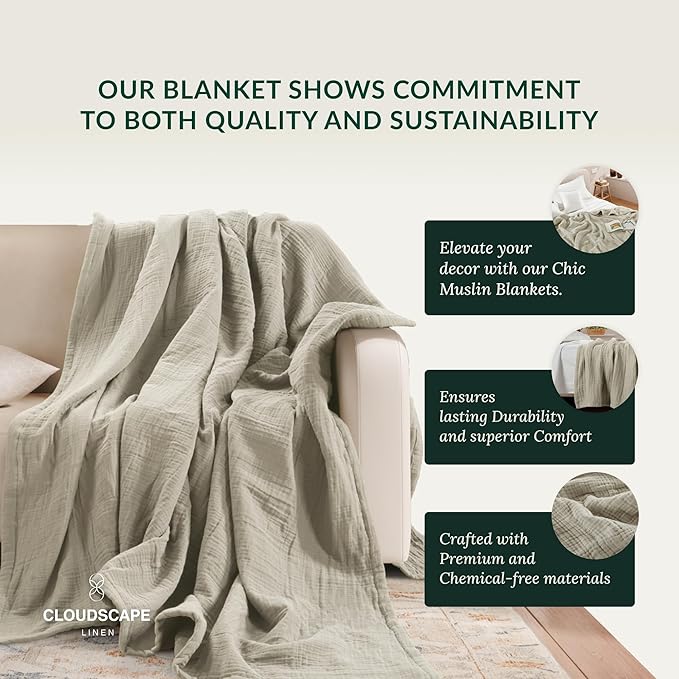 Cloud Scape Linen Extra Large 4 Layer Muslin Throw Blanket - 100% Cotton Gauze, Lightweight & Breathable All Season, Pre-Washed, for Couch & Bed, 50x70, Beige Fog