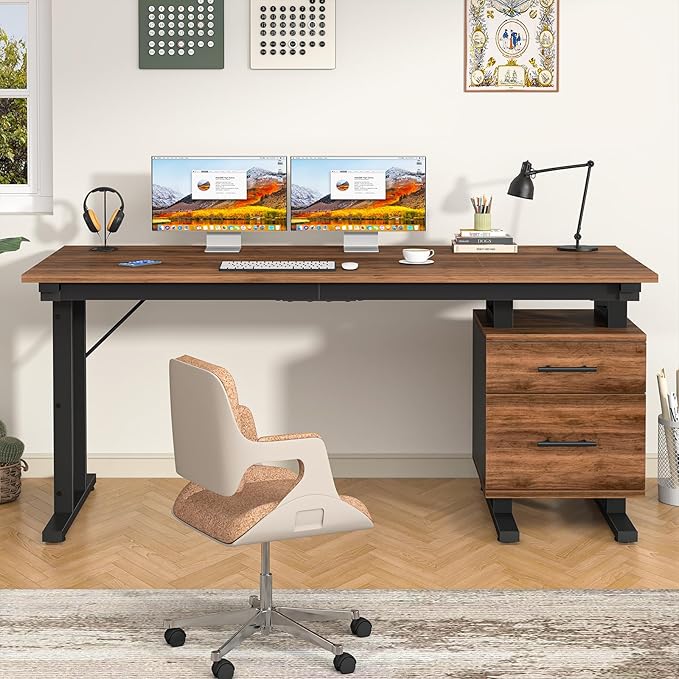 63 Inch Executive Computer Desk with Drawers, Large Office Desk with Storage, Industrial Writing Desk with File Drawer for Home Office, Brown
