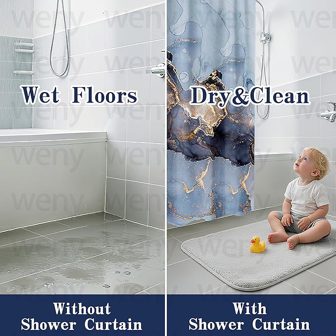 Domoku Blue Marble Waterproof Shower Curtain 72 x 72 Inches with Hooks, Machine Washable Easy-Care Fabric Bathroom Curtain for Tub or Shower