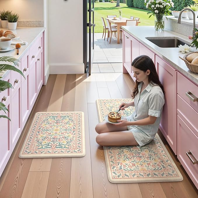 Collive Kitchen Mats Cushioned Anti Fatigue, Waterproof Kitchen Floor Mat Non Slip Desk Rugs Comfort Standing Rug, Pink Floral Carpets for Sink, Office, Laundry, Home Decor, 20" x 47" + 20" x 32"