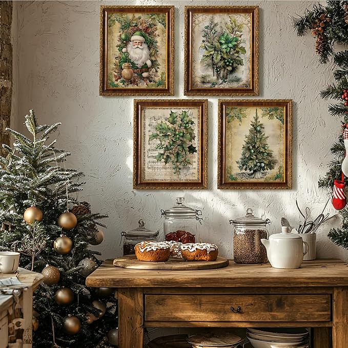JXREQ Vintage Christmas Pictures Wall Decor Prints,Green Christmas Wall Art Decorations for Home Kitchen Bedroom Bathroom Living Room Office,Santa Claus Xmas Tree Decor Prints Set of 4,8x10 Unframed