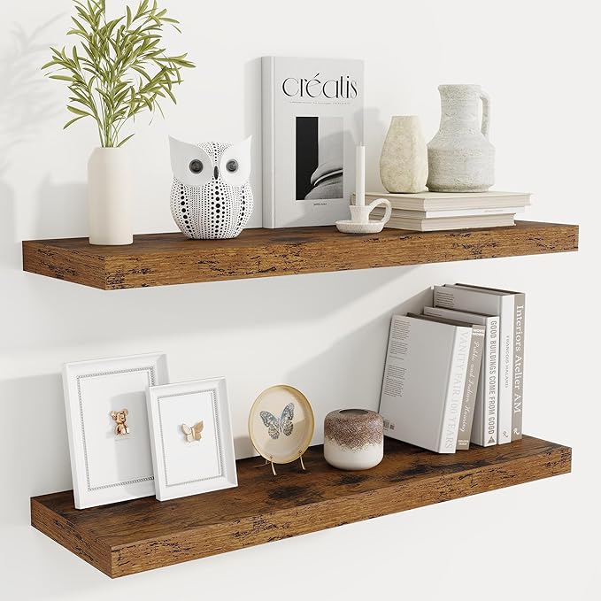 Fun Memories Floating Shelves for Wall, 32 Inch Rustic Wood Wall Mounted Shelves for Bathroom, Bedroom, Kitchen, Living Room, Deep Floating Shelves for Storage & Home Decor (Brown,Set of 2)