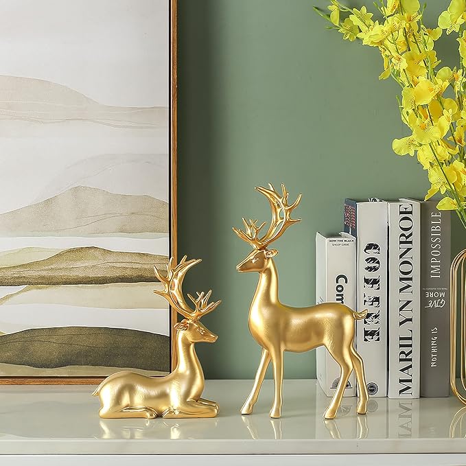 FANTESTICRYAN 2pcs Reindeer Sculpture Gold Resin Christmas Elk Statues Home Office Decorative Displays for Living Room, Bedroom, Bathroom, Bookshelf, Desktop, Cabinets (Golden Large)