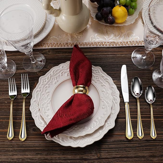 KEAWELL Pearl Edge Premium 45-Piece Refined Bead Silverware Set, 18/10 Stainless Steel, Service for 8, Fine Flatware Set with Serving Utensils, Dishwasher Safe (45, Gold Accent)