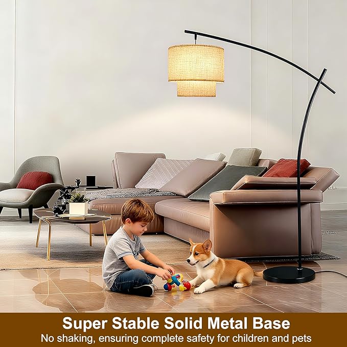 Lightdot Arc Floor Lamp for Living Room, Modern Standing Tall Lamps with Double Linen Lampshade, Tall Hanging Pole Lamp with Stable Metal Base & Foot Switch for Bedroom Home Office-Black