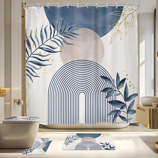4 PCS Navy Blue Gray Boho 72Wx72H Shower Curtain Set Modern Mid Century Plant Bath Rug Toilet Lid Cover Nonslip U Shape Mat Quick Dry Rubber Backed Dirt Resistant Accessories Bathroom Decor