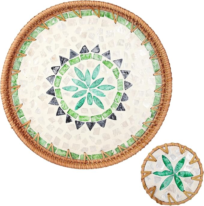 Round Rattan Serving Tray with Mother of Pearl Inlay & Coaster, Boho Wicker Basket, Decorative Coffee Table Tray for Table Decor, Storage and Display of Coffee Bread Fruit(Bohemia)