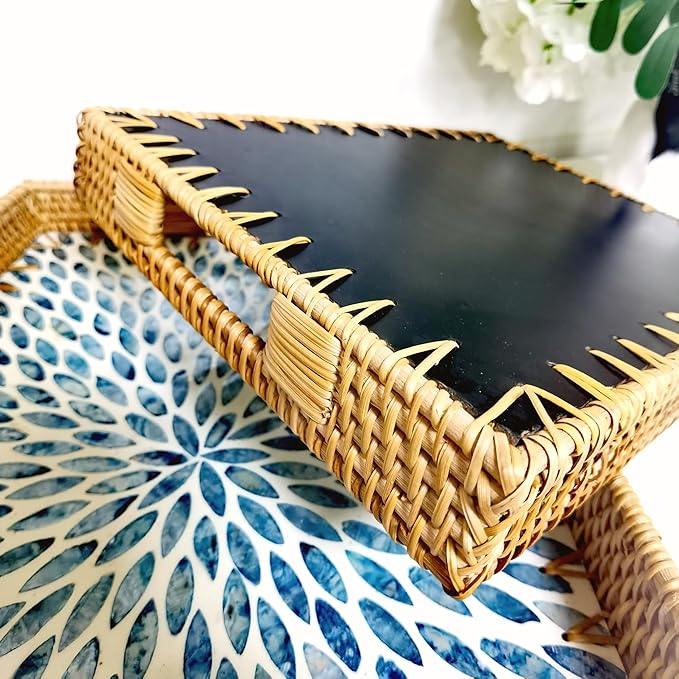i-lan 18inch Rectangle Rattan Woven and Blue Mother of Pearl Dining Room Table Serving Tray Display Basket with Cutout Handles,Living Room Boho Wicker and MOP Coffee Table Serving Tray Décor