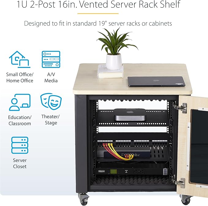 StarTech.com 1U Vented Server Rack Shelf, 16in (40cm) Mounting Depth, Cantilever Tray, Heavy-Duty Steel, 30lb/14kg Capacity