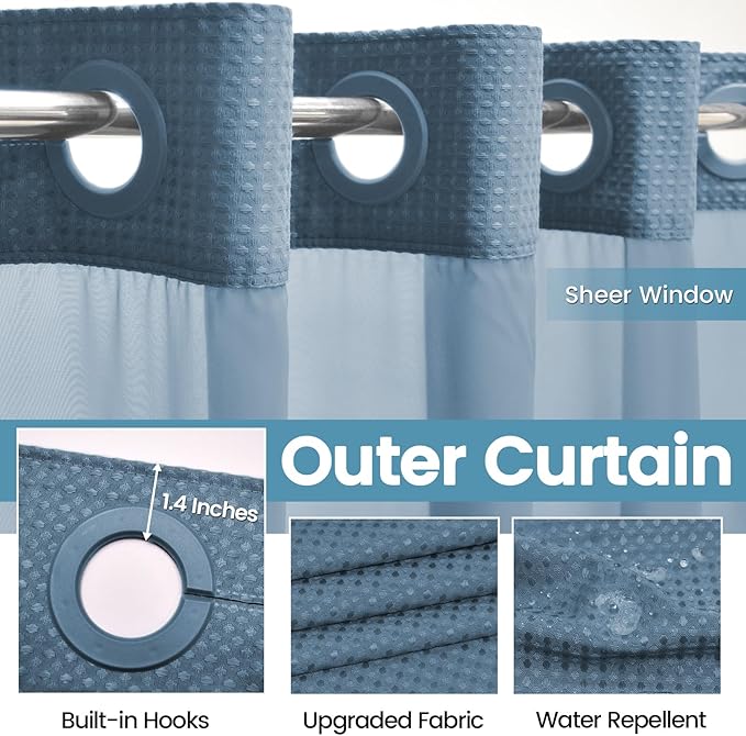 Moonlight Blue Stall No Hook Shower Curtain with Snap in Liner,230GSM Waffle Weave Shower Curtains for Bathroom,54W x 80H