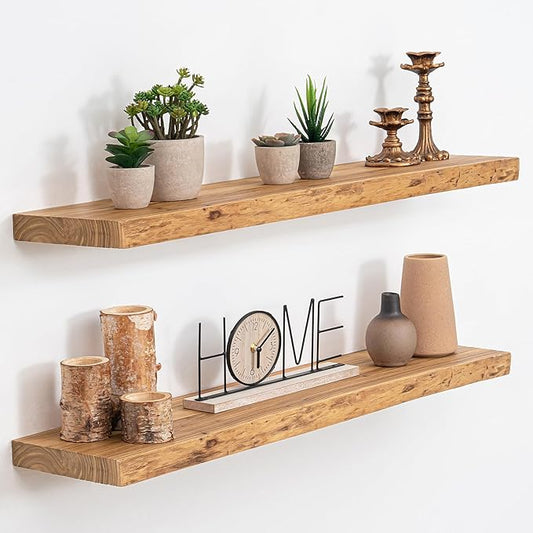 Floating Shelves, 8" Deep Rustic Solid Wood Wall Mounted Floating Shelves, Wall Shelves with Invisible Bracket for Living Room Bathroom Bedroom Kitchen, 32 Inch Set of 2, Natural