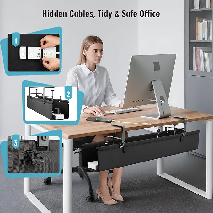 No Drill Large Under Desk Cable Management Tray, Fabric Cord Hider for Wire Organizer, Clamp/Screw Mount Cord Organizer, Standing Desk Cable Management for Office Home (36 INCH)