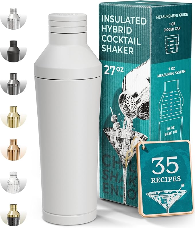 Insulated Cocktail Shaker Set | Double Wall Stainless Steel | Martini Shaker for Home Bar Bartending | Built-in Drink Measurement System & Strainer, Travel Bag, 35 Recipes | Gift Set (Matt White)