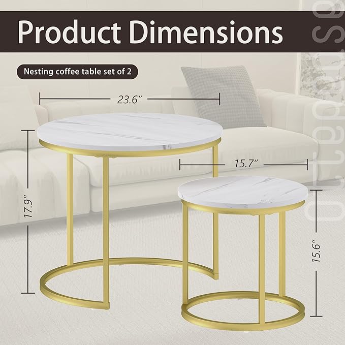Nesting Tables Set of 2, White Round Coffee Table, Small Nesting Coffee Table with Adjustable Non-Slip Fee, White Marble Top Stack Nesting Tables Set of 2 for Living Room, Bedroom