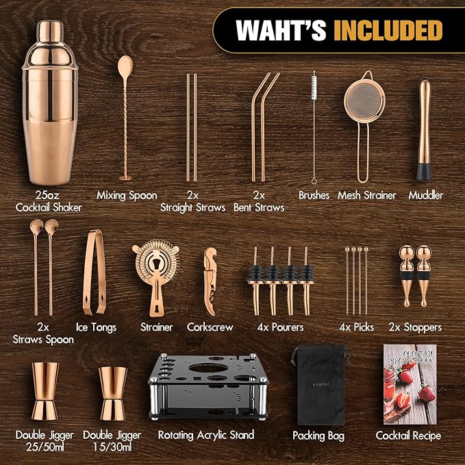 KINGROW Cocktail Shaker Set 29-Piece Bartender Kit with Rotating Stand | Bar Set Drink Mixer Set with All Essential Accessory Tools for Drink Mixing, Home, Bar, Party |Gold Rose