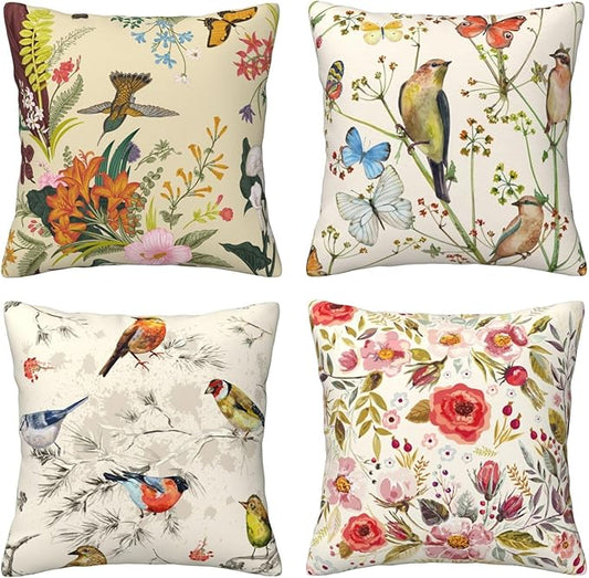 Flowers Birds Decorative Throw Pillowcases Set of 4 Pillow Covers 18x18 Inch, Spring Cushion Case Sofa Throw Pillows Cover Garden Pillow Covers for Couch Living Room Bed Indoors Home Decor
