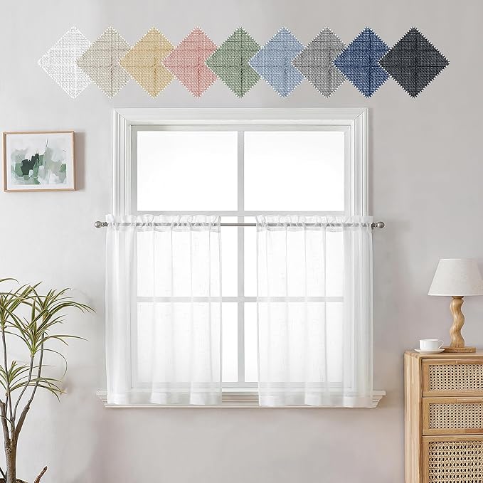 Aiyufeng 24 inch Length 2 PCS Semi Sheer Linen Curtains, Faux Linen Textured Burlap Short Tier Farmhouse Cafe Curtains for Small Windows, 30Wx24L inch