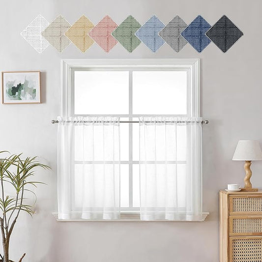 Aiyufeng 24 inch Length 2 PCS Semi Sheer Linen Curtains, Faux Linen Textured Burlap Short Tier Farmhouse Cafe Curtains for Small Windows, 30Wx24L inch