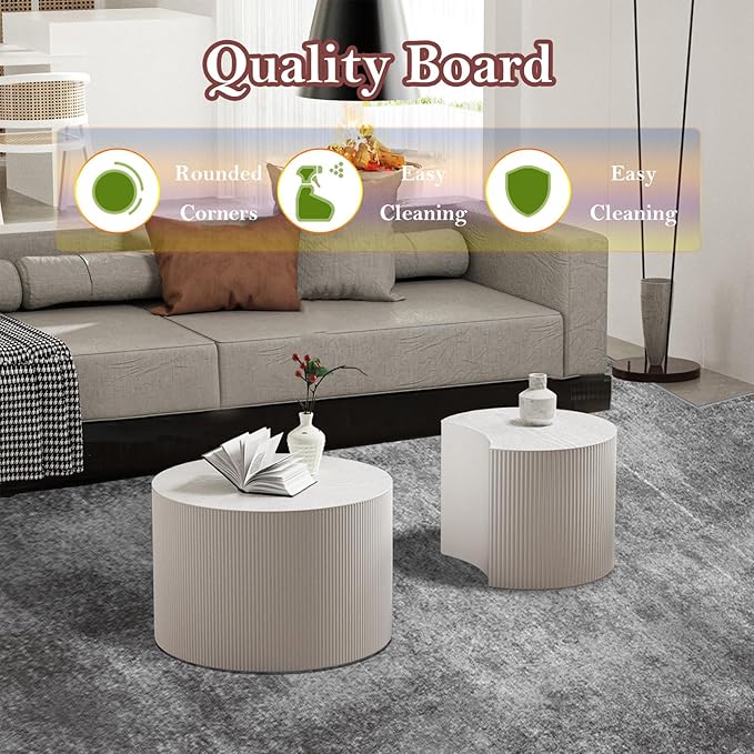 Modern Drum Coffee Table Set of 2 Stylish Minimalism Wave Stripe Fluted Nesting End Table - No Assemble, for Small Space (C-18.9IN+15IN)