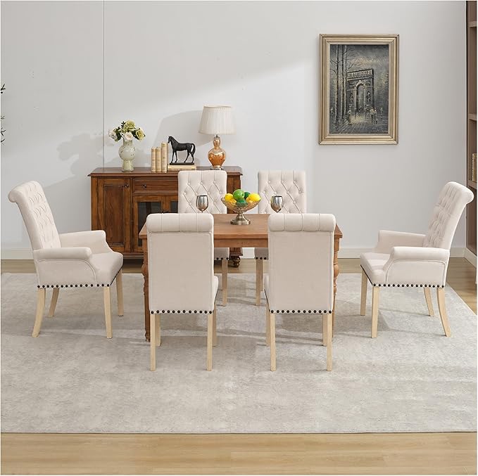 AODCHR Upholstered Fabric Accent Dining Chair Set of 6, Elegant Tufted Dining Room Chair, Kitchen Room 2 Arm Chair with 4 Armless Chairs, Beige